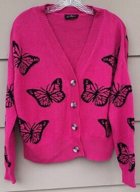 Vtg. 90s Y2K Runway Hot Pink Butterfly Spring Cardigan Sweater Fits Size M